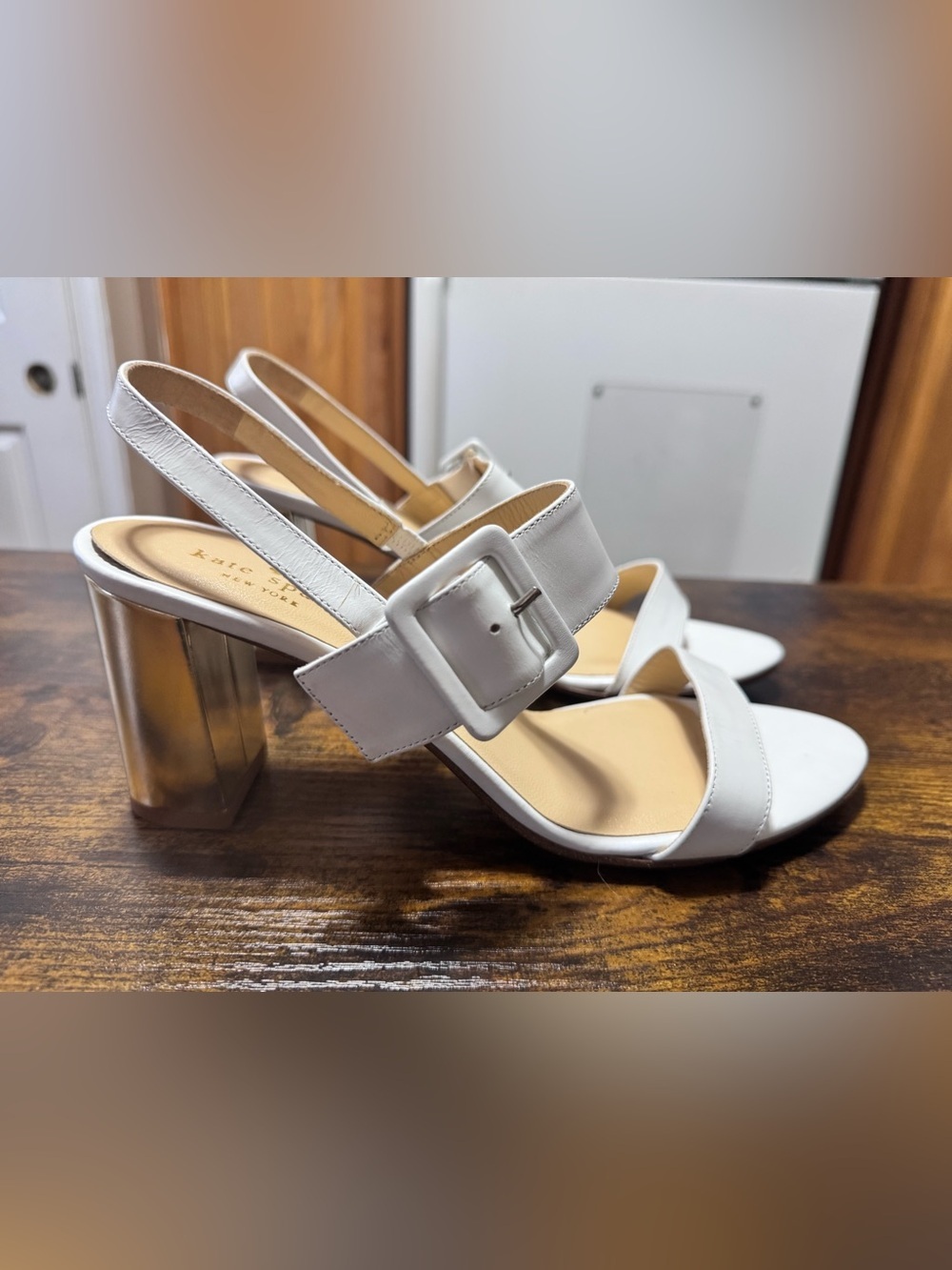 Kate Spade White Leather Buckle Slingback Block Heel Sandals Size 9.5
